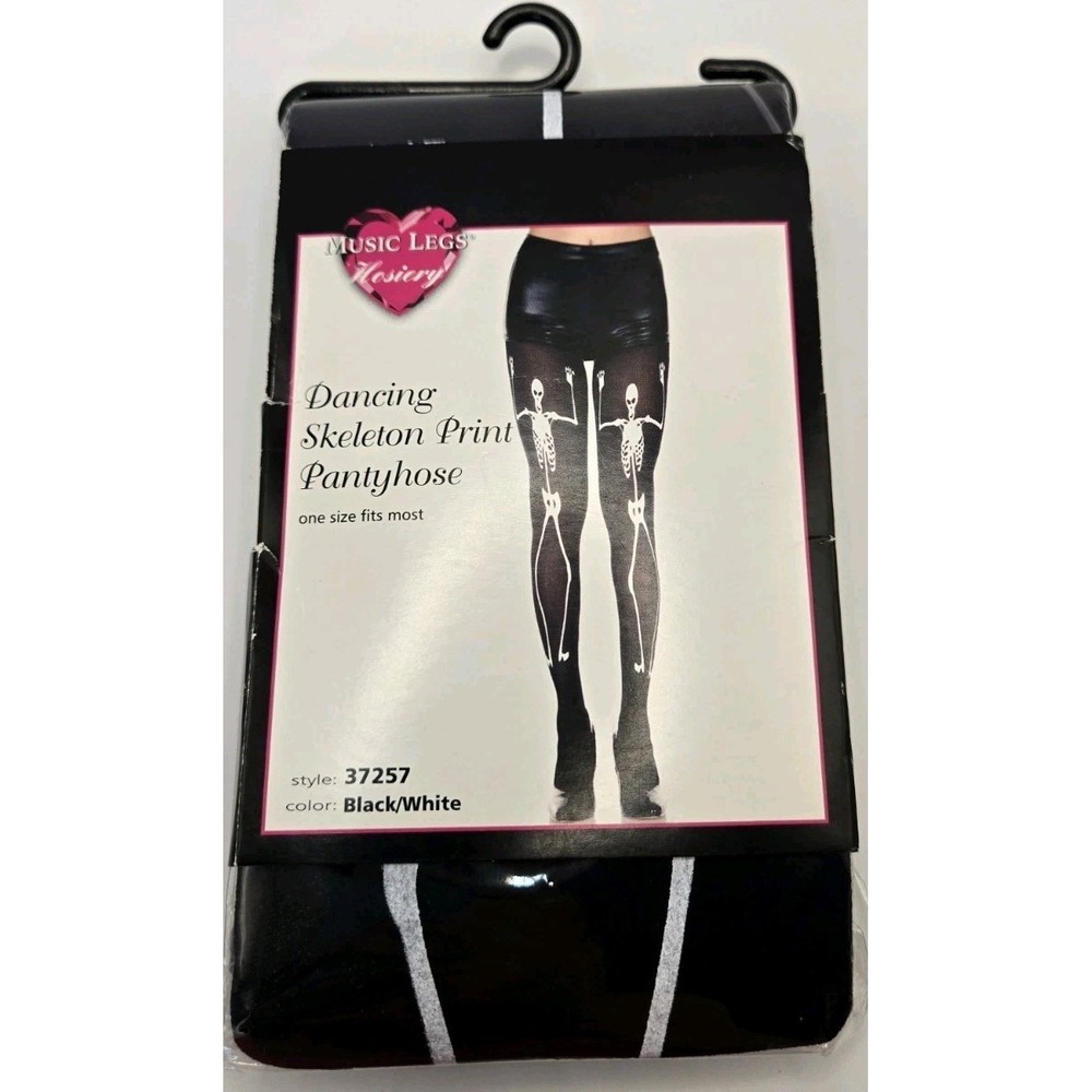 Music Legs Dancing Skeleton Print Pantyhose Black White Halloween Goth OS